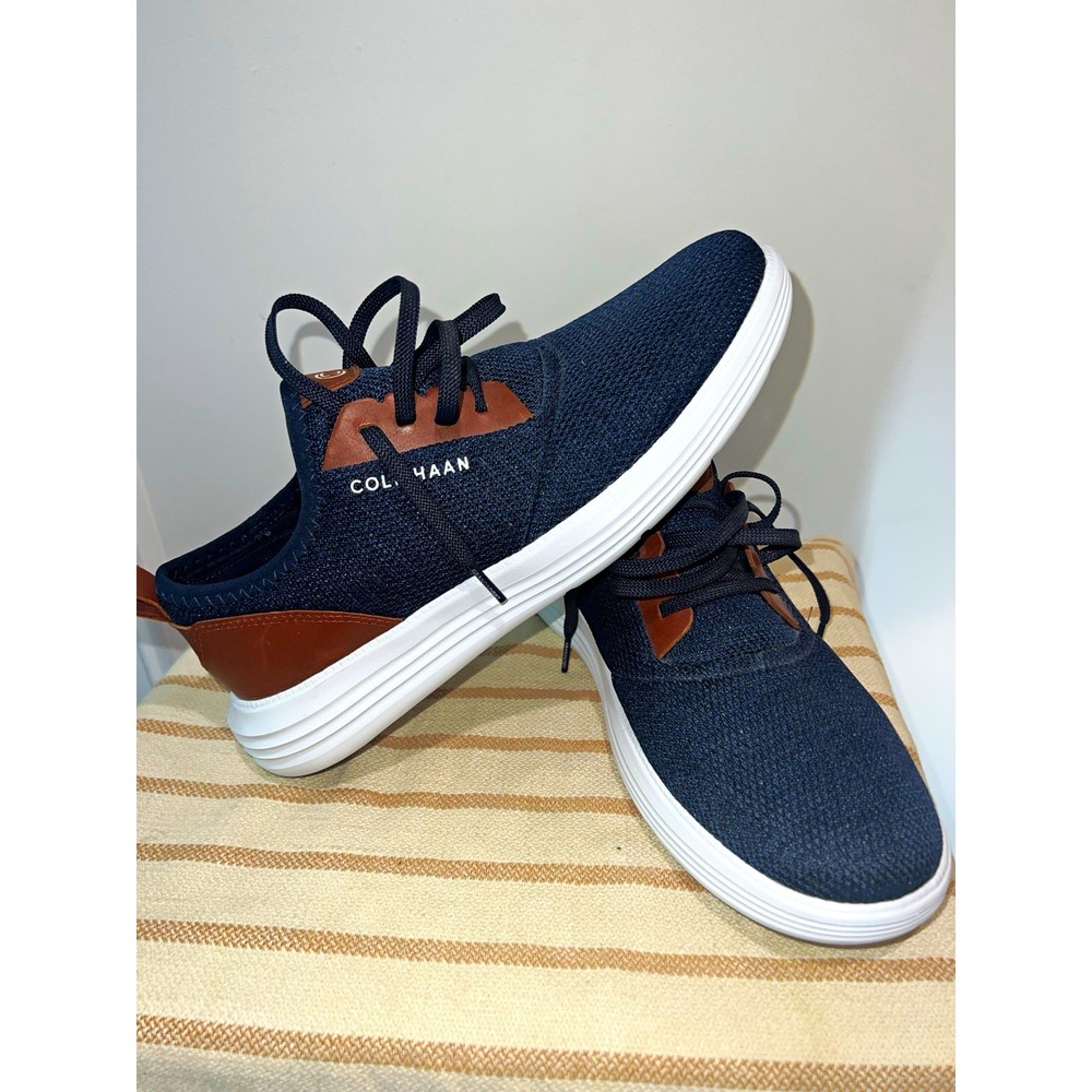 Cole Haan Grand Series Mens 10 Navy Brown Knit Sneakers Casual Shoes C34682